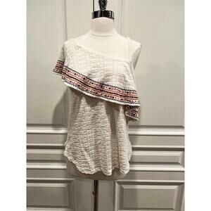 NWT Lucky Brand One Shoulder Ruffled Embroidered White Top asymmetrical Lrg A728